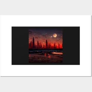 red sanded beach with a skyline that has a futuristic city Posters and Art